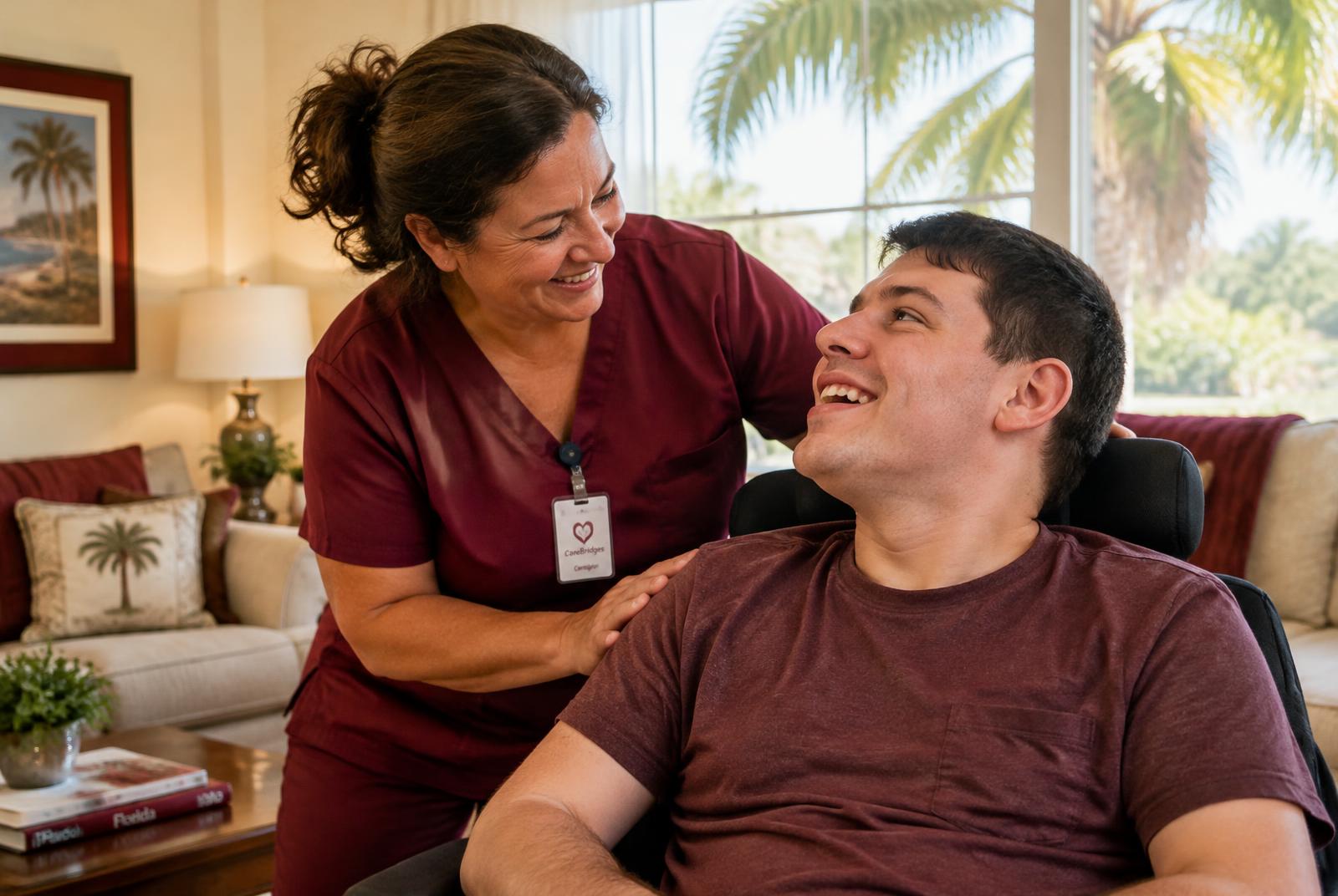 A smiling caregiver supporting a young man in his living room